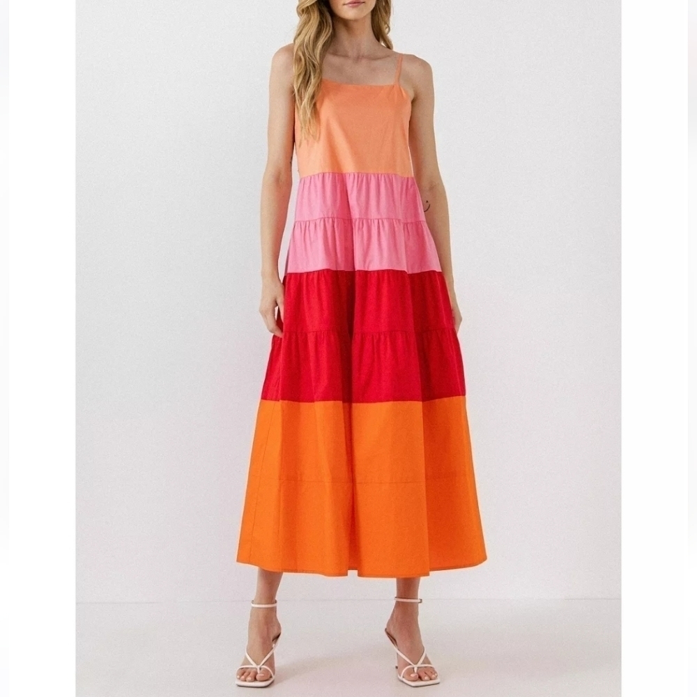 ENGLISH Factory Colorblock Tiered Spaghetti straps Maxi Dress